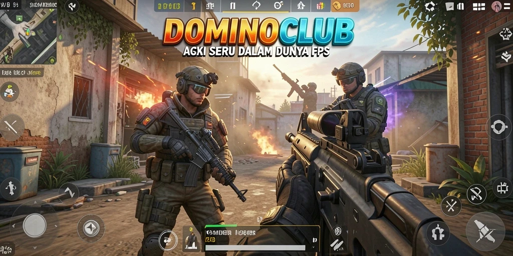 Tangkapan layar utama menampilkan aksi seru dalam gameplay FPS DOMINOCLUB.