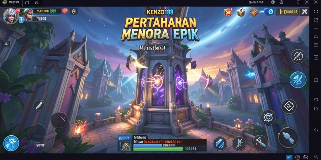 Tampilan gameplay yang menegangkan dalam KENZO188 dengan menara dan musuh.